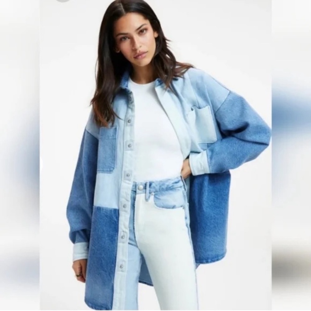 Good American Patchwork Blue Jean Denim Shirt Jacket Shacket L / XL